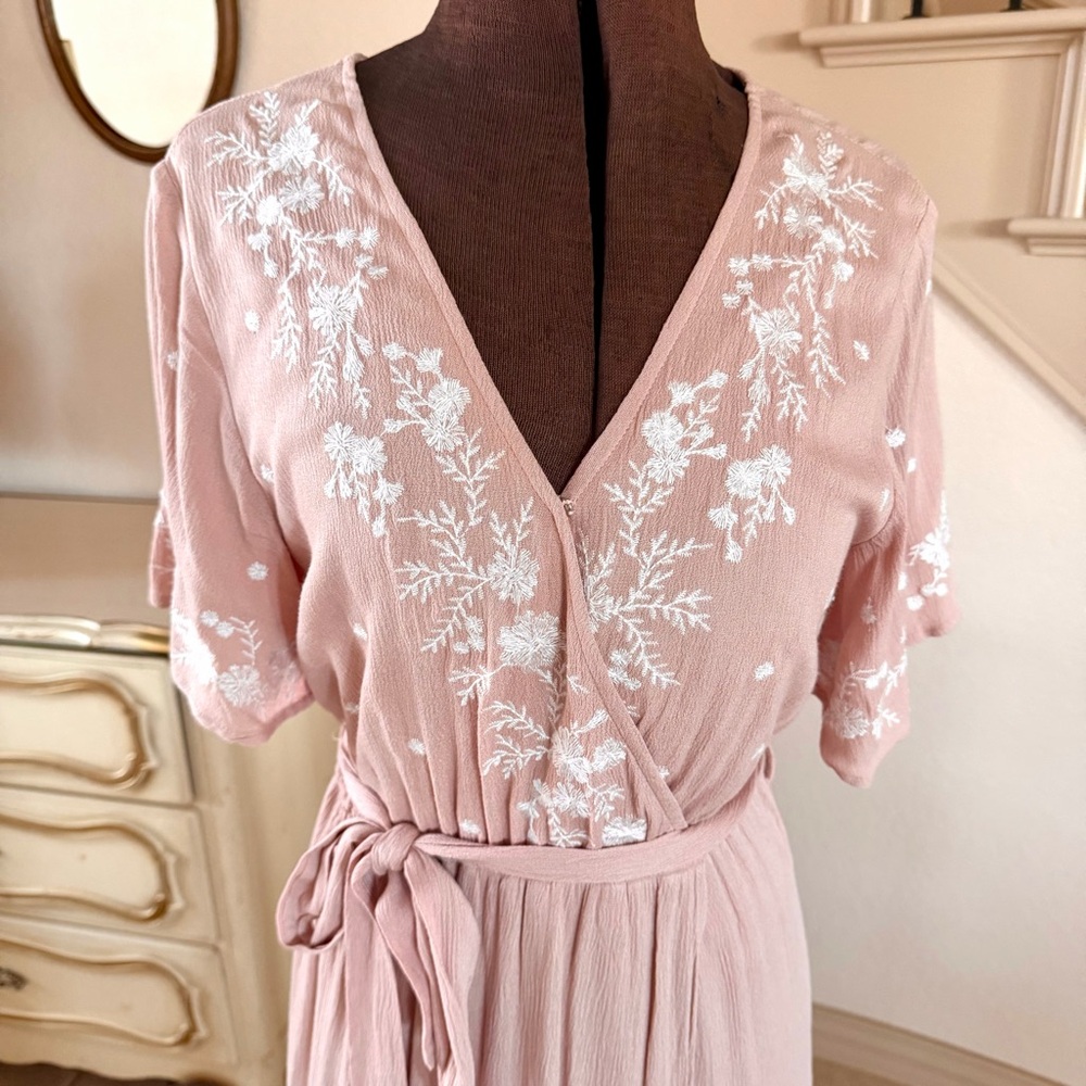 BOHME Size Small Dusty Pink Embroidered Feminine Tiered Ruffle Maxi Dress Spring - Picture 5 of 11